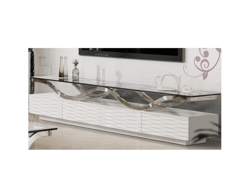 Our Home Marie Luxury Lowline Tempered Glass Wooden TV Stand Entertainment Unit 200cm - White