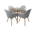 HomeStar 5Pc Dining Set Finland Glass Dining Table 110cm W/ 4Pc Milan Fabric Dining Chairs Grey