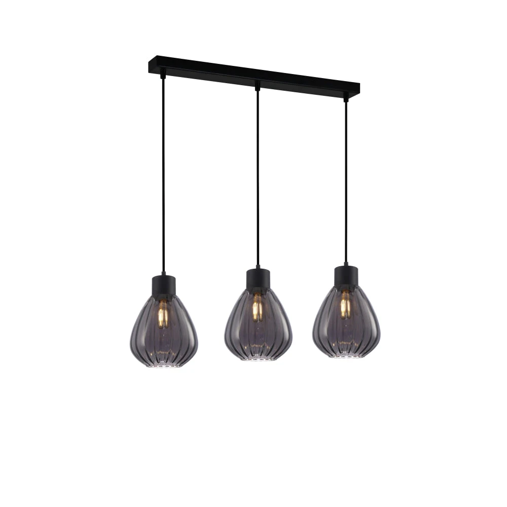 TULIP Pendant Lamp Light Interior ES 3 X 72W Black Smoke Wine Glass Ribbed Square Base