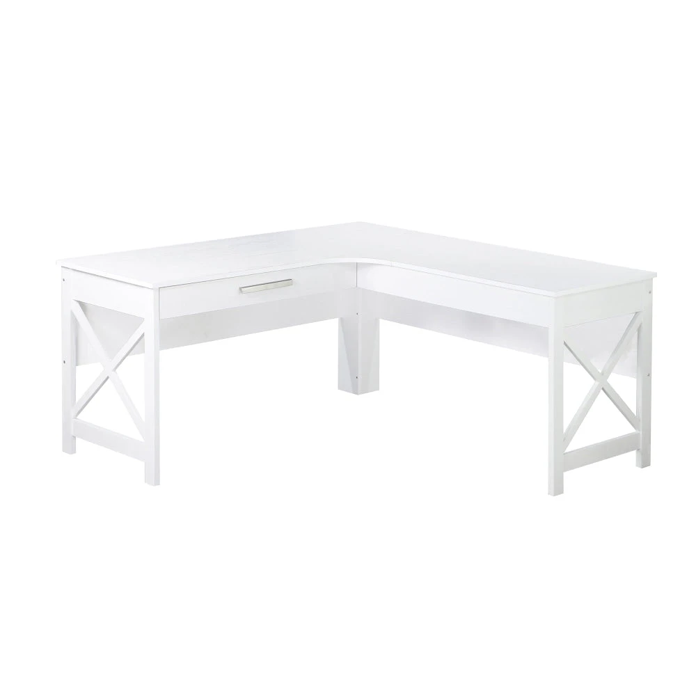 Maestro Furniture Farmhouse L-Shaped Office Manager Executive Computer Working Desk W/ Drawer - Distressed White