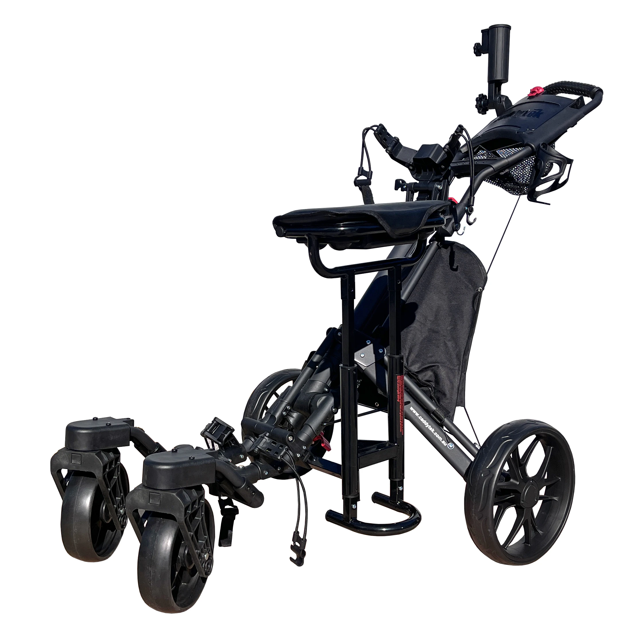 CaddyTek CaddyCruiser ONE-S Pro One-Click Folding 4-Wheel Golf Buggy with Swivel Front Wheel - Black + Removable Seat