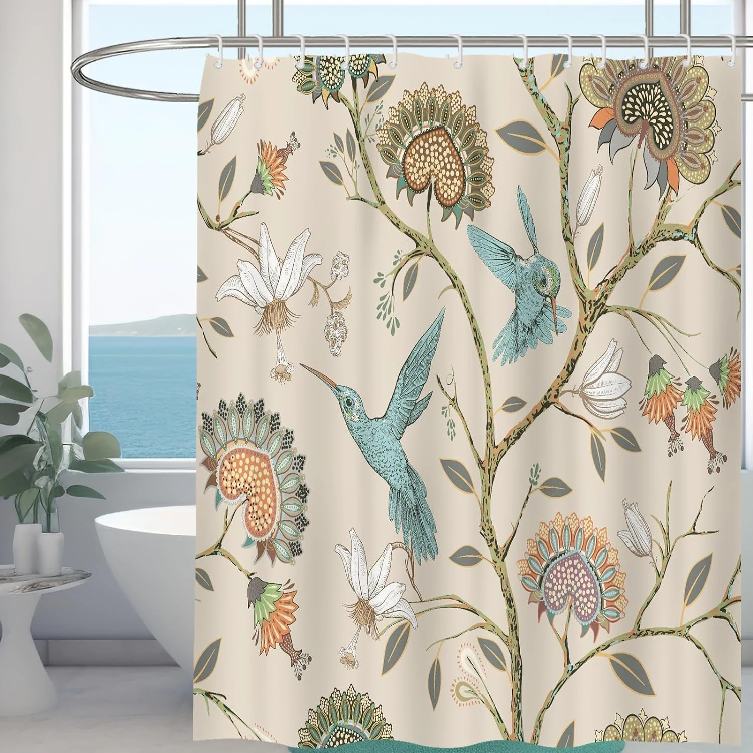 Mildew Resistant Shower Curtain,with 12 Hooks, 180 x 180 cm (White Flower Bird)