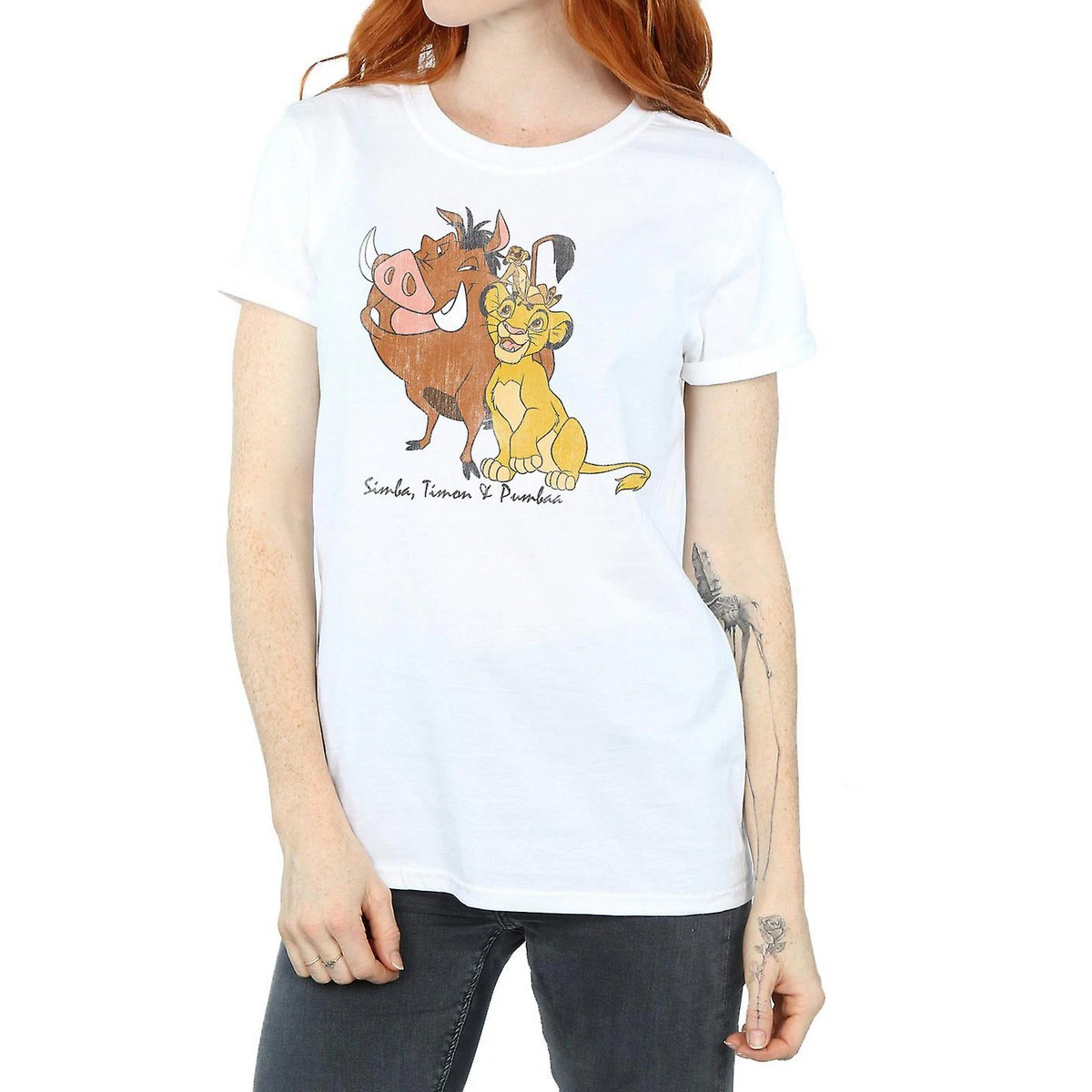 The Lion King Womens Classic Simba Timon & Pumba Cotton Boyfriend T-Shirt (White) - BI1002