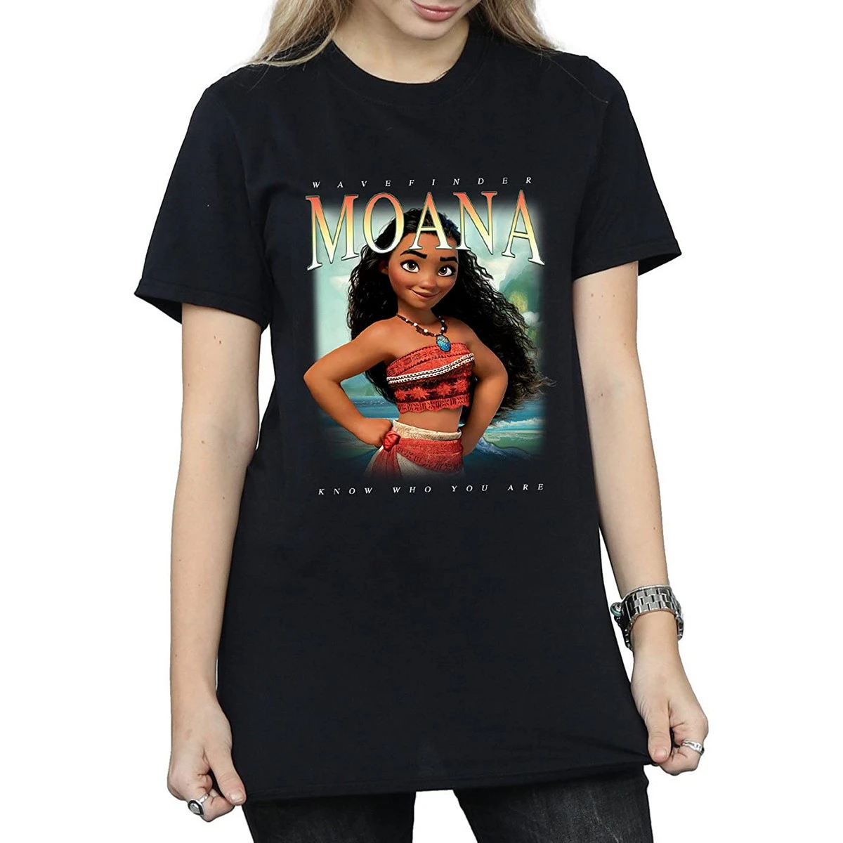 Moana Womens Montage Cotton Boyfriend T-Shirt (Black) - BI1065