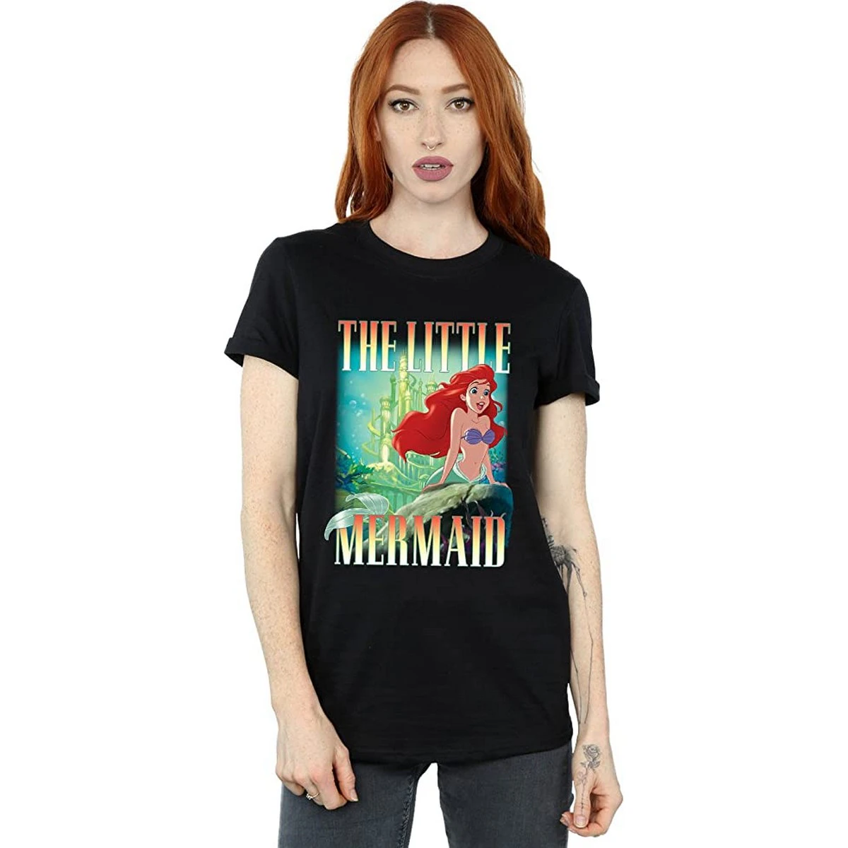 The Little Mermaid Womens Ariel Montage Cotton Boyfriend T-Shirt (Black) - BI1278