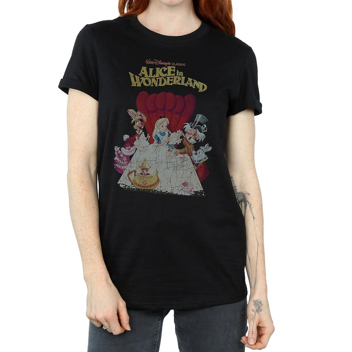 Alice In Wonderland Womens Poster Cotton Boyfriend T-Shirt (Black) - BI1408