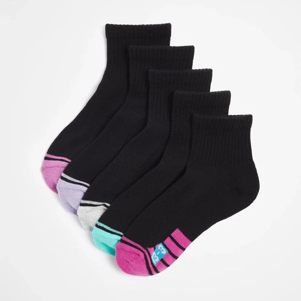 Underworks Girls Quarter Crew Cut 5 Pack Socks - Black