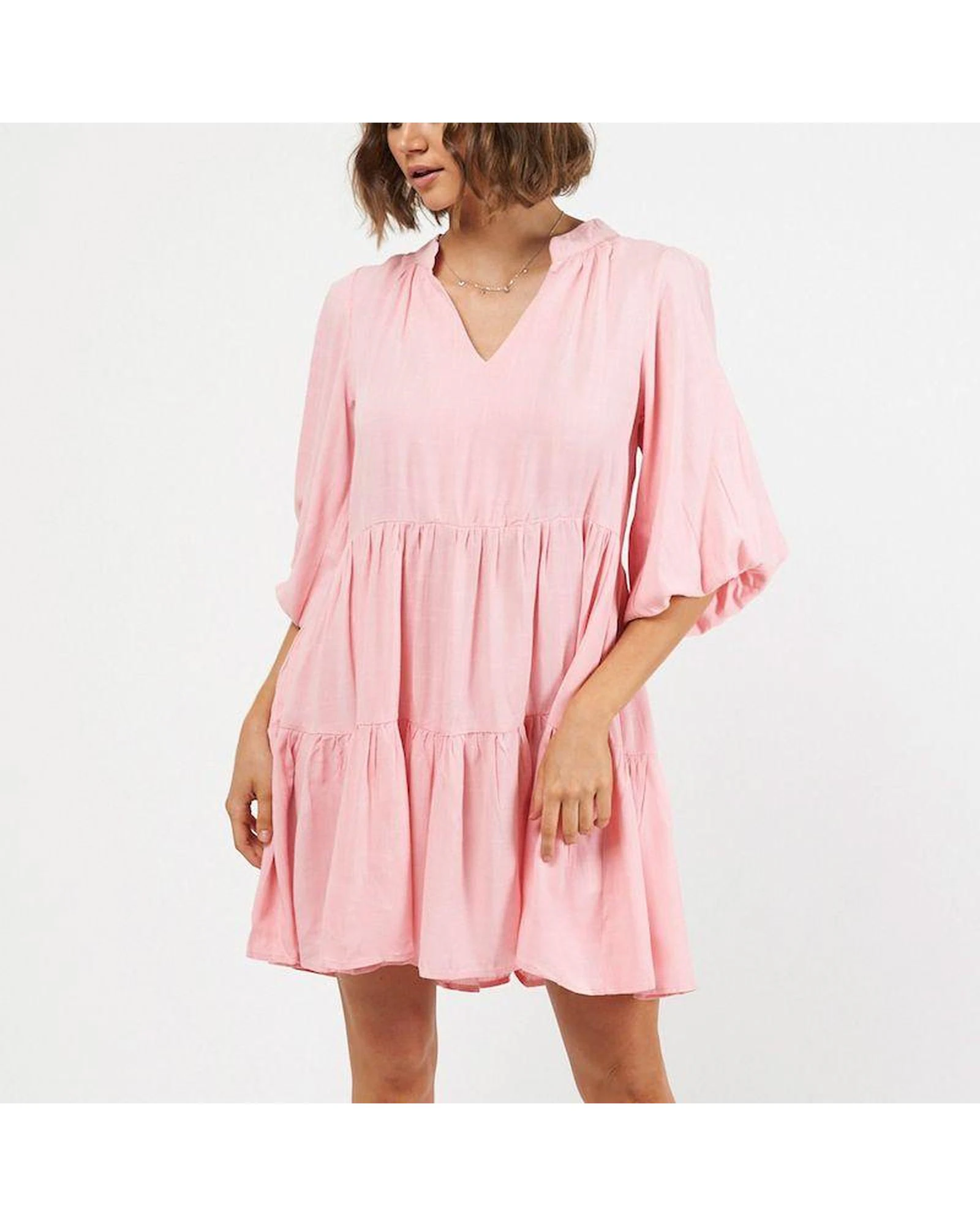 Tiered Bell Sleeve Casual Mini Dress in Textured Rayon Fabric - Dusty Pink