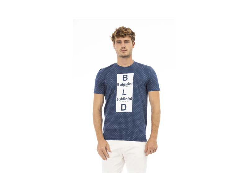 Round Neck Short Sleeve T-shirt with Front Print - Blue