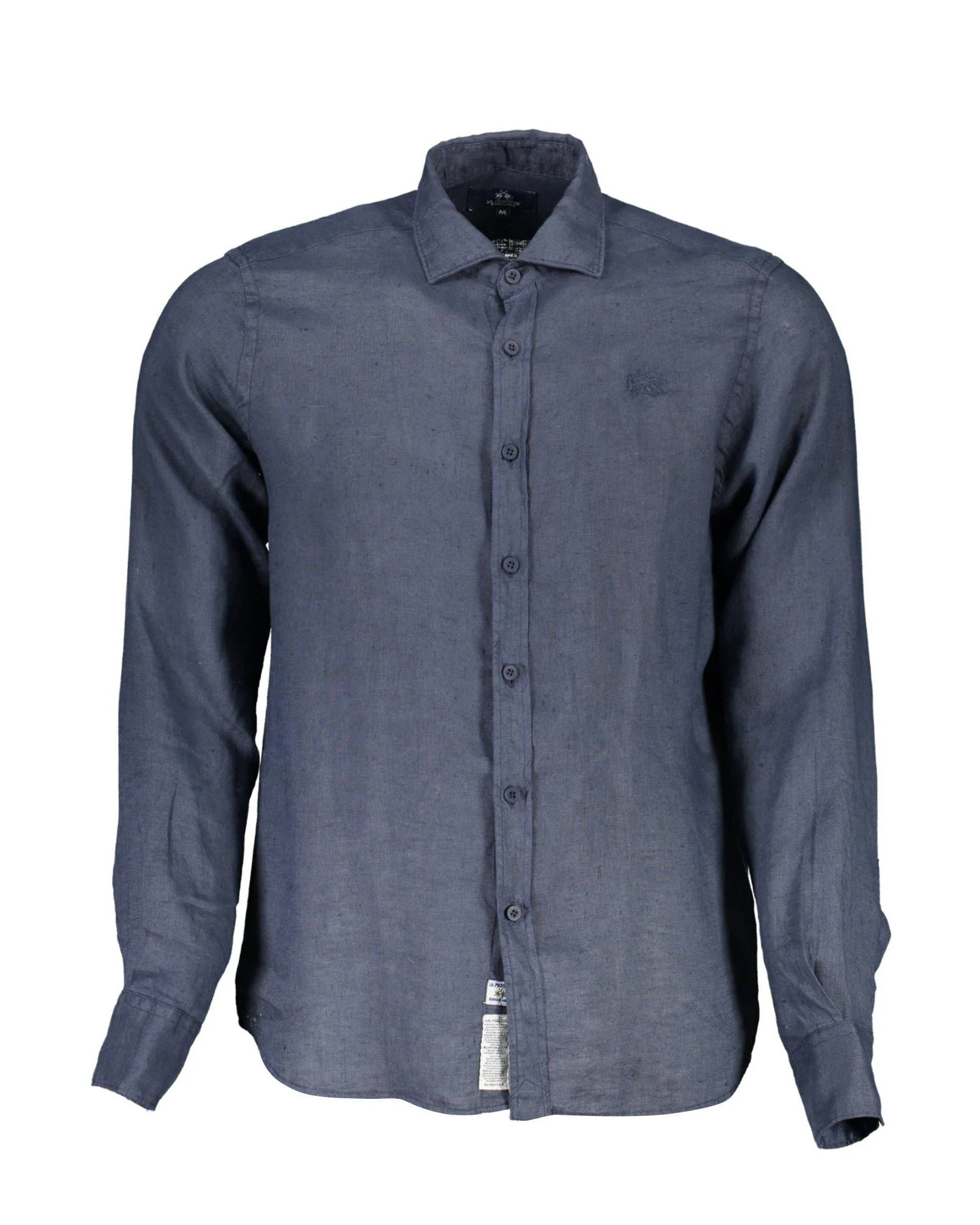 Linen Shirt with French Collar and Logo Embroidery - Blue