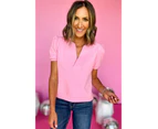 Azura Exchange Pink Collared V Neck Puff Sleeve T-shirt - Pink