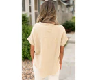 Azura Exchange Parchment Crinkle Textured Frayed Trim Half Button Short Sleeve Top - Parchment