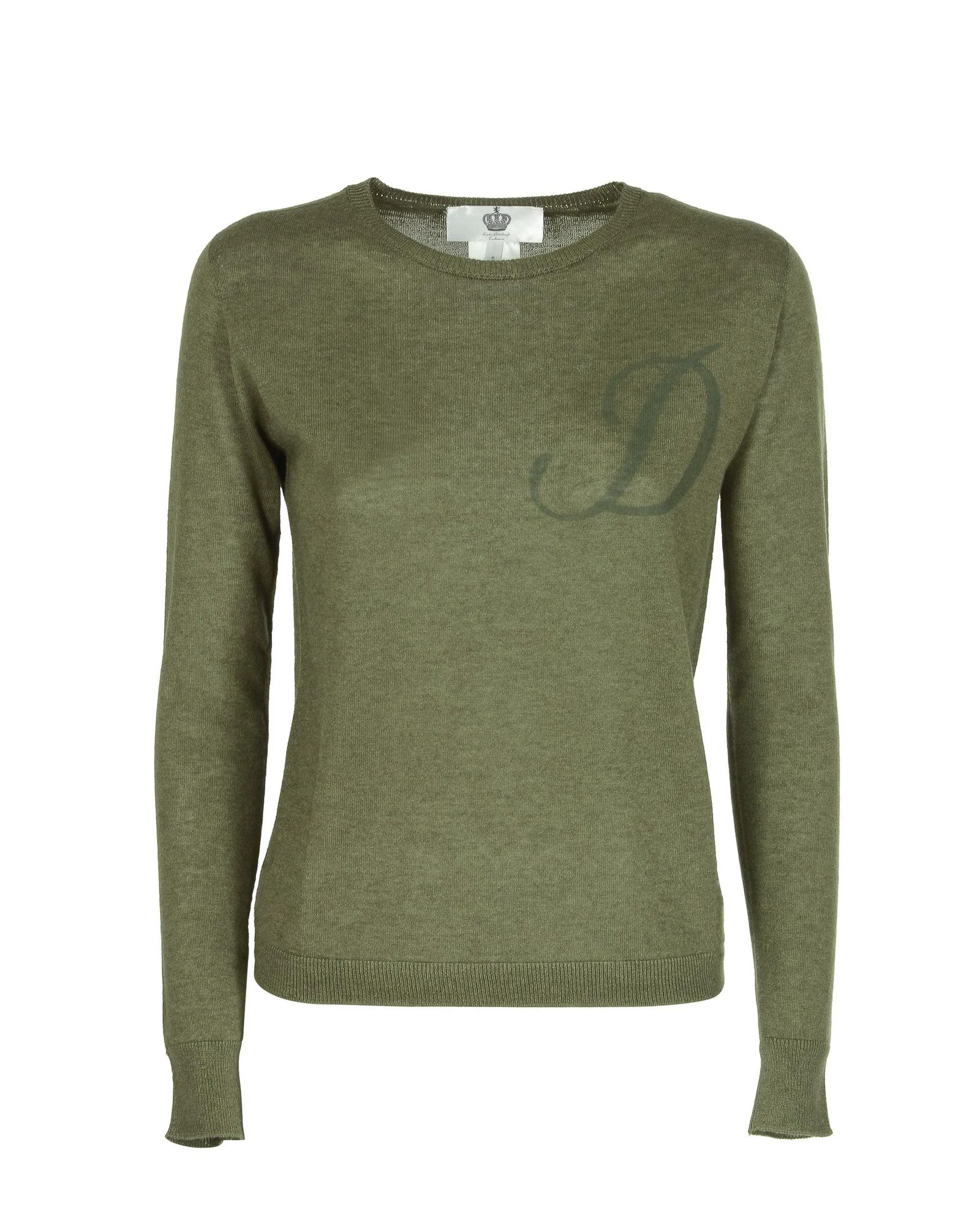 Lightweight Cashmere Silk Crew Neck Sweater Letter Detail - Green