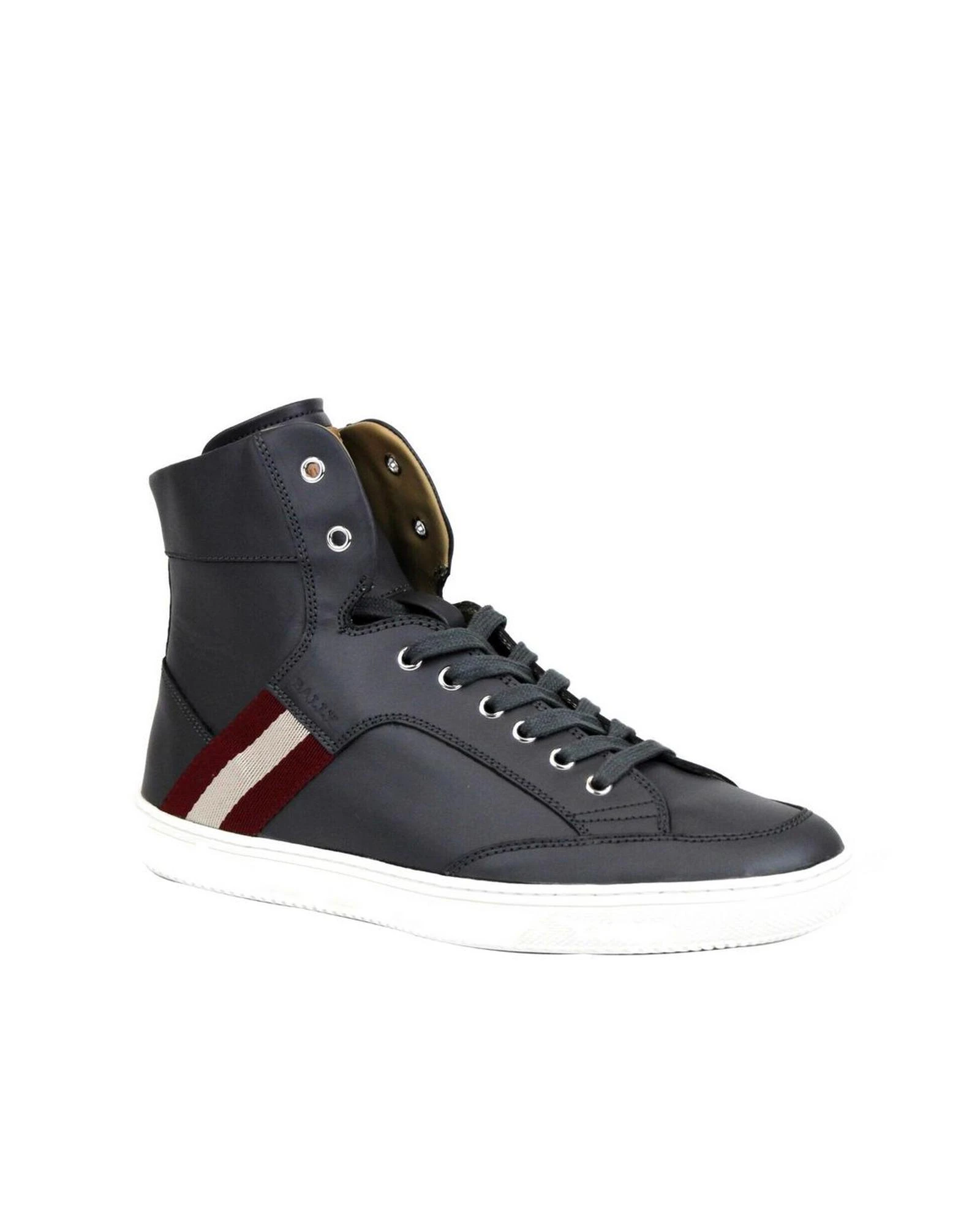 Dark Grey Calf Leather Hi Top Sneaker With Red Beige - Grey