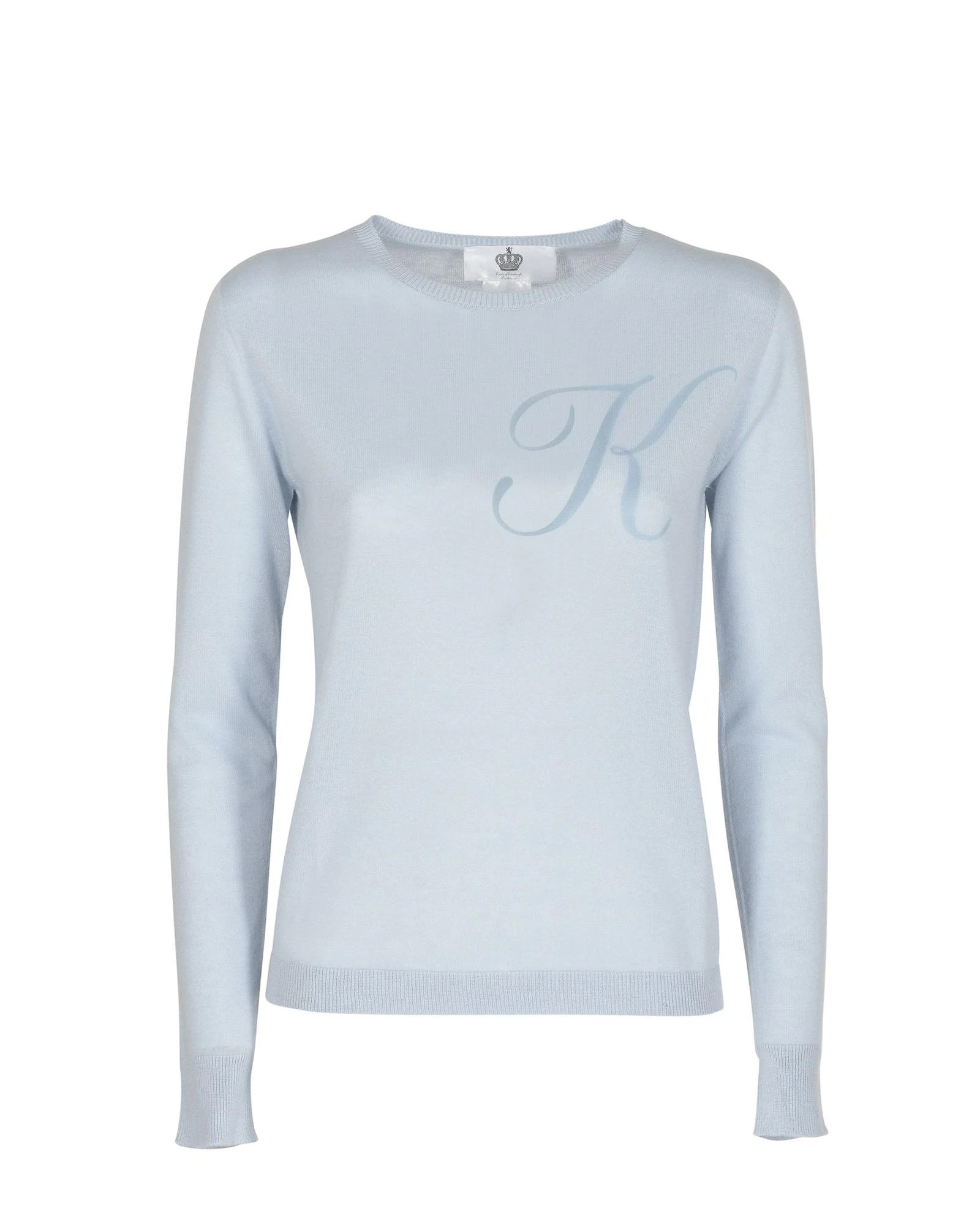 Lightweight Silk Cashmere Crewneck Sweater with Contrasting Letter - Sky blue