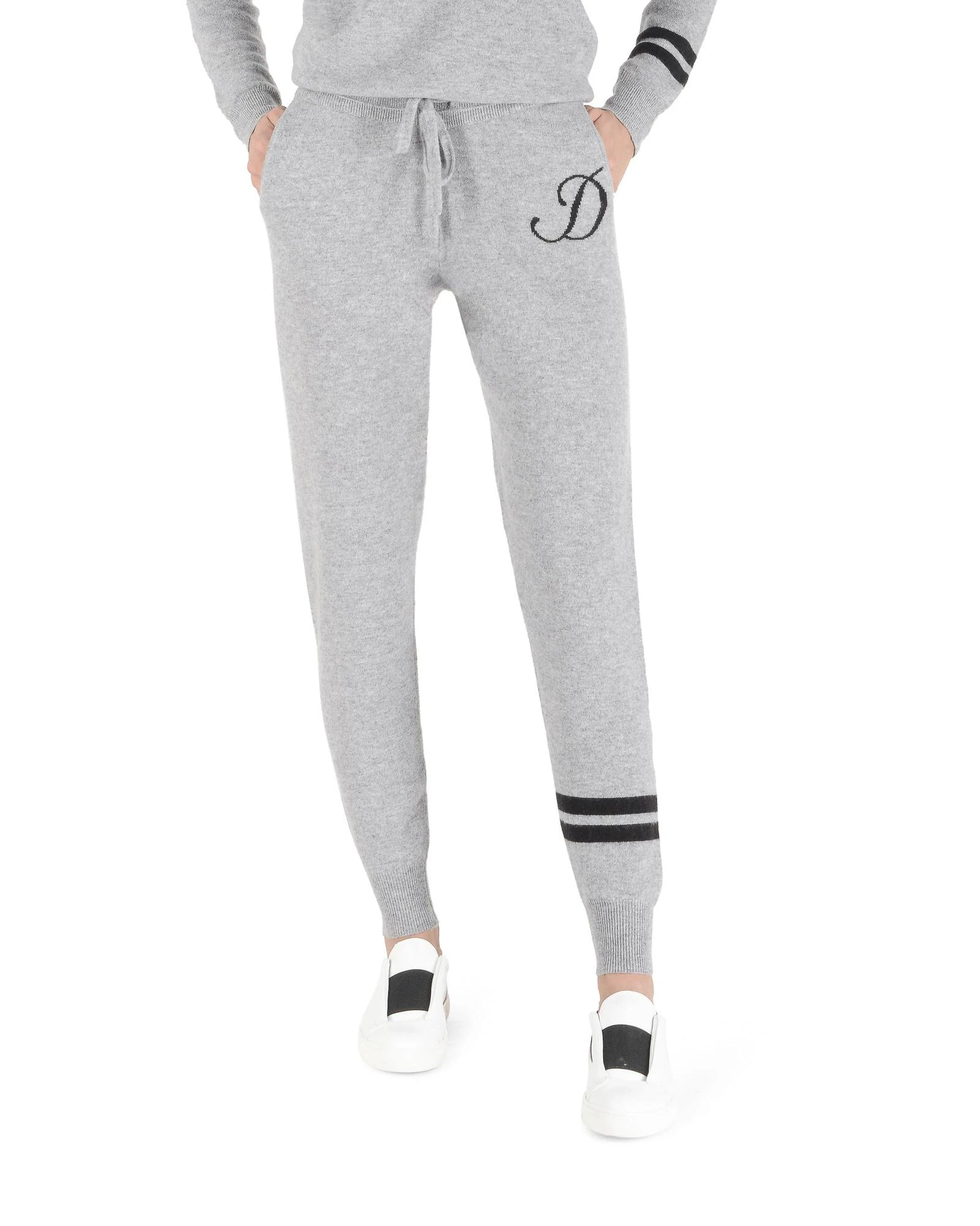 Premium Cashmere Knit Track Pants with Signature Letter - Grey