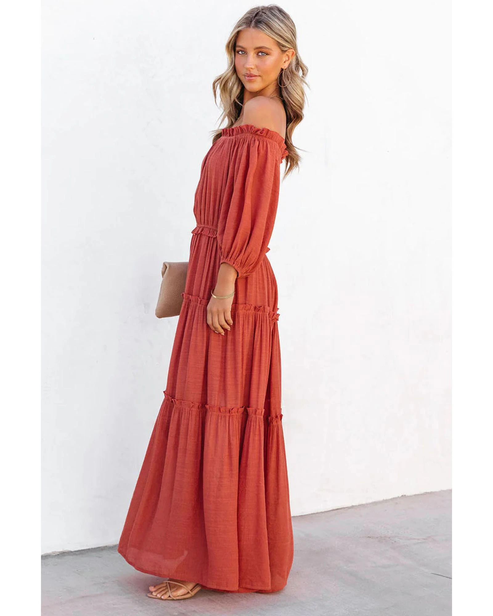 Azura Exchange Off Shoulder Balloon Sleeve Cutout Ruffled Maxi Dress - Orange