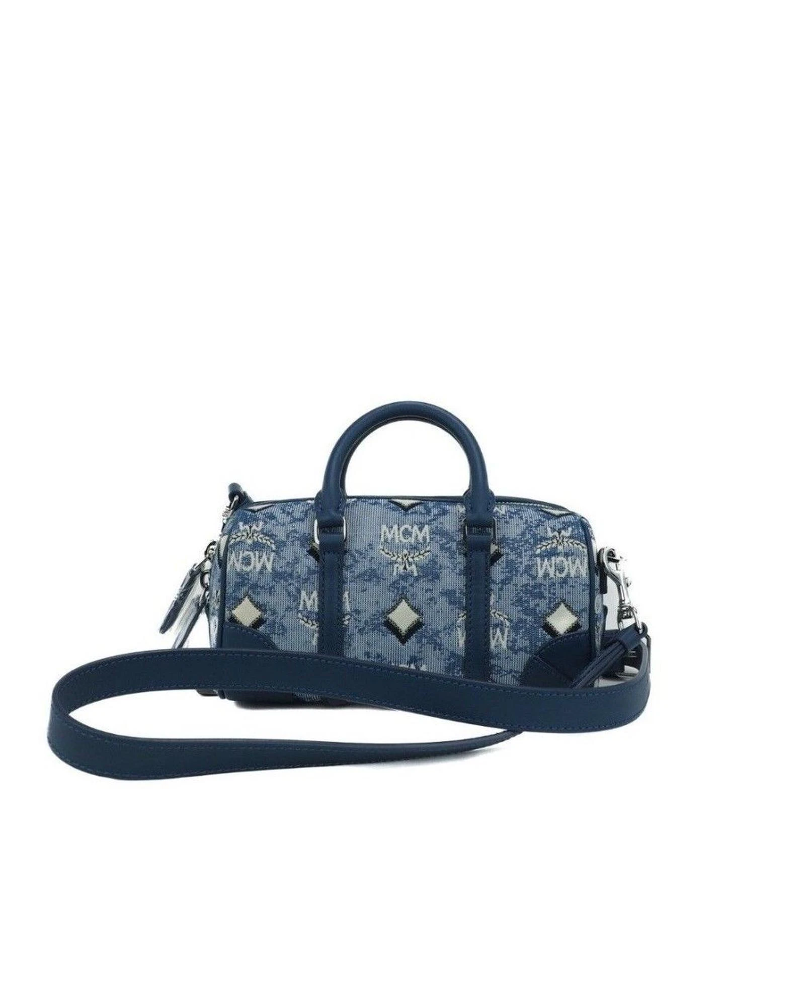 MCM Boston Mini Blue Vintage Jacquard Logo Fabric Satchel Crossbody Handbag