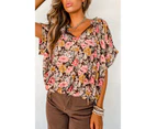 Azura Exchange Pink Floral Print Bubble Hem Split Neck Blouse - Pink