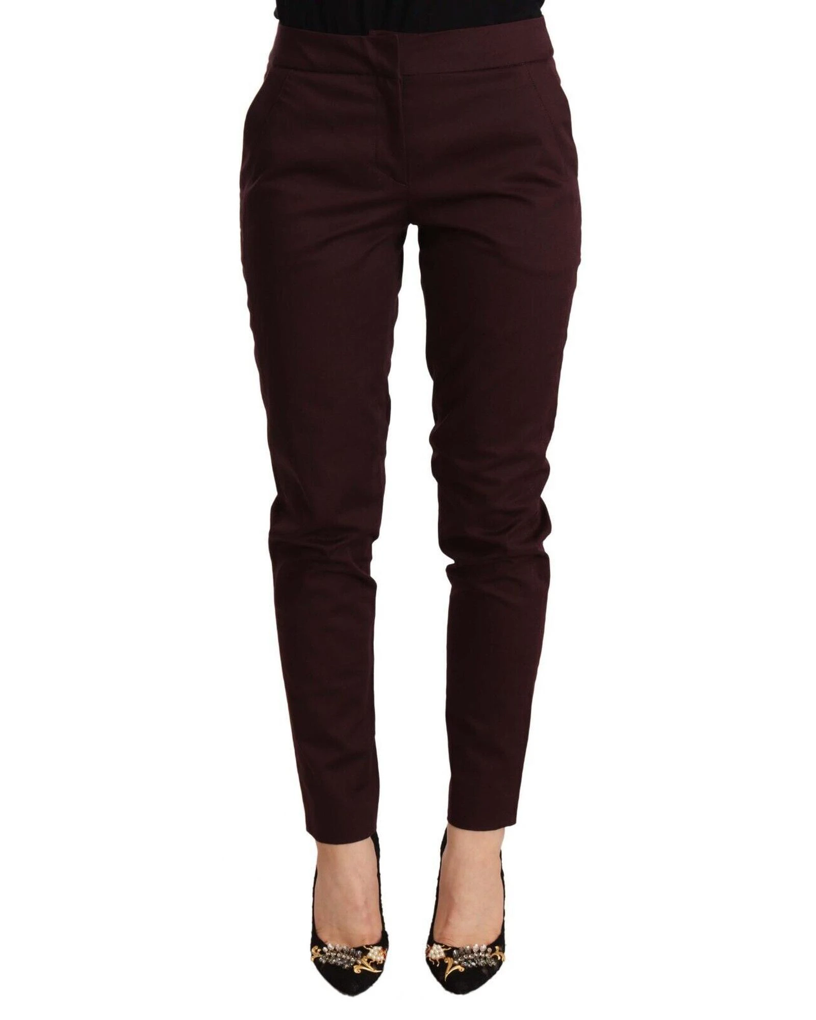 Just Cavalli Maroon Mid Waist Skinny Women Trouser Pants