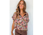 Azura Exchange Pink Floral Print Bubble Hem Split Neck Blouse - Pink