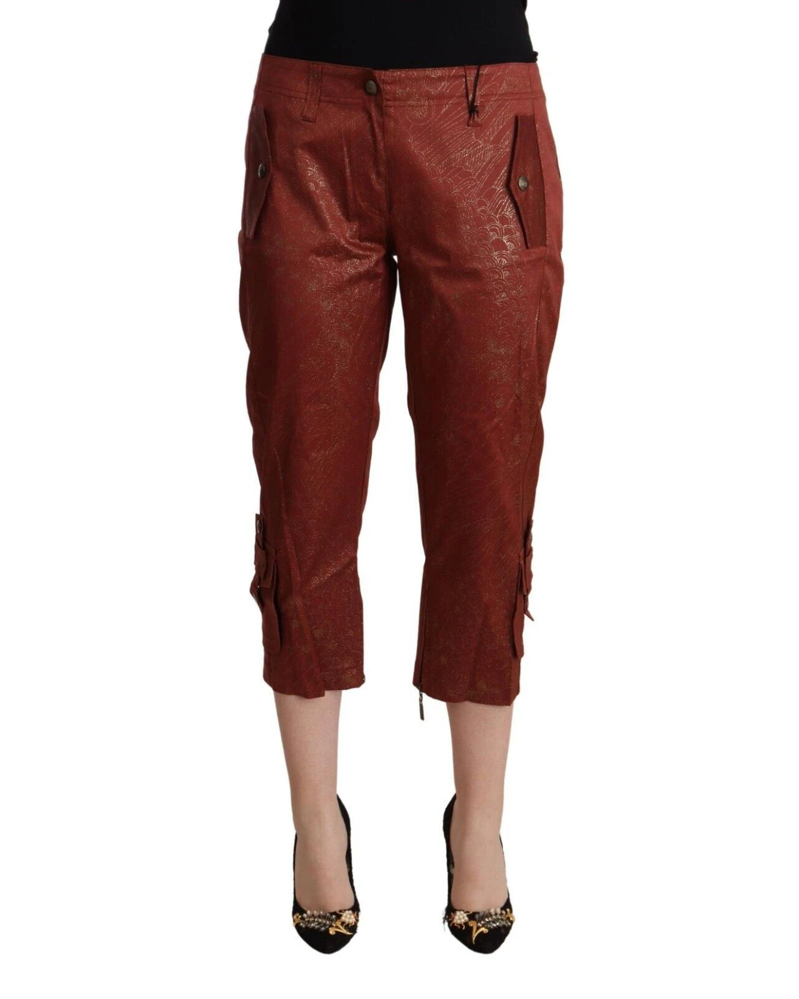 Cropped Mid Waist Pants with Logo Details - Brown