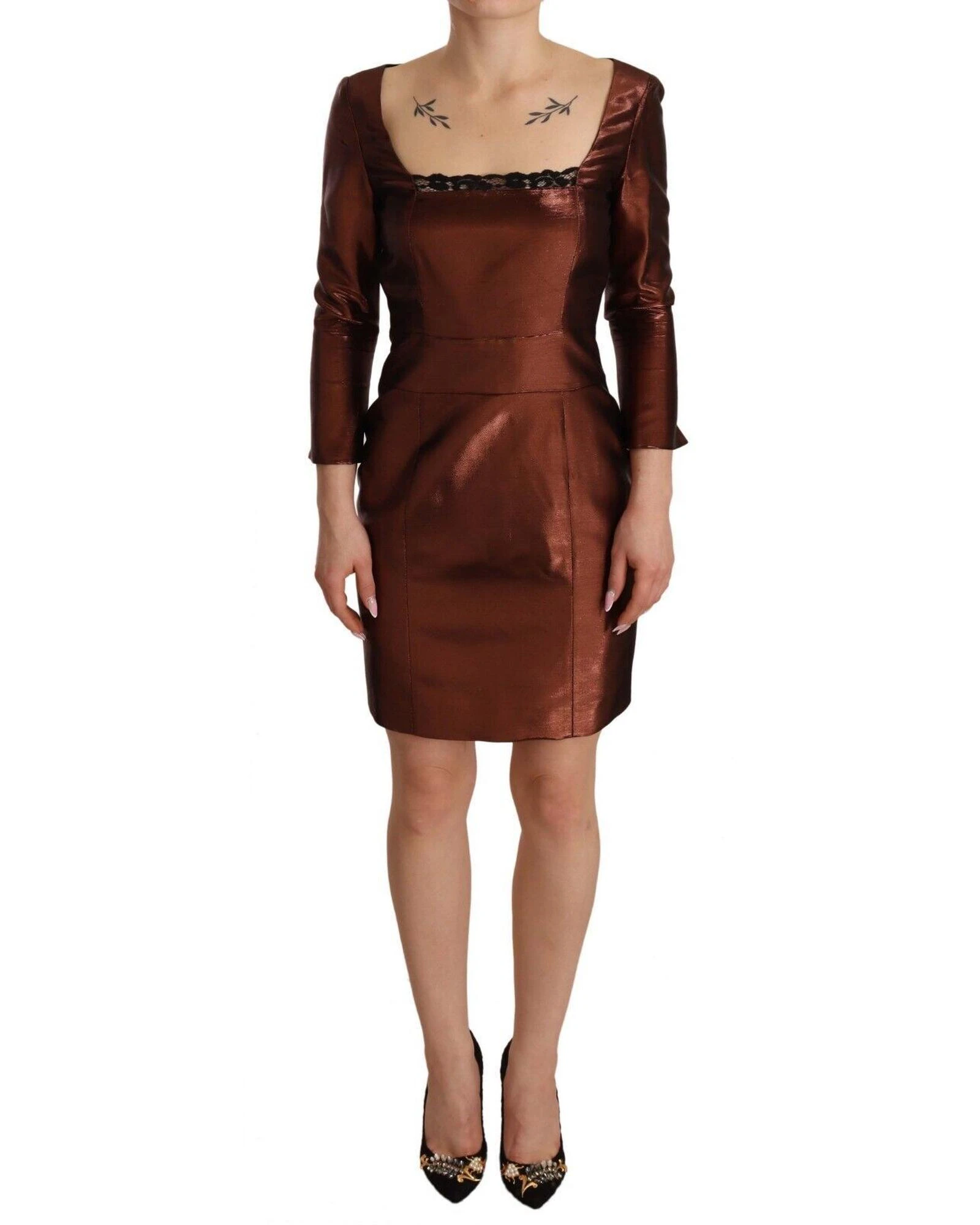 GF FERRE Square Neck Sheath Mini Dress with Long Sleeves - Bronze