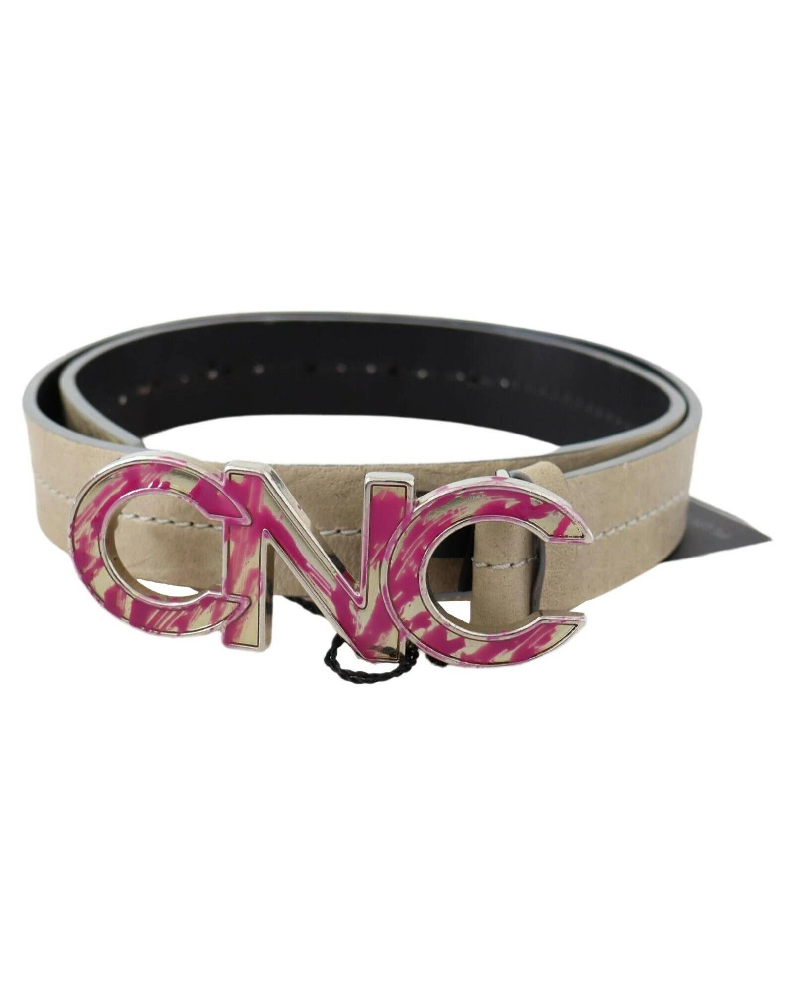 CNC Costume National Leather Fashion Belt with Pink Logo Design - Beige