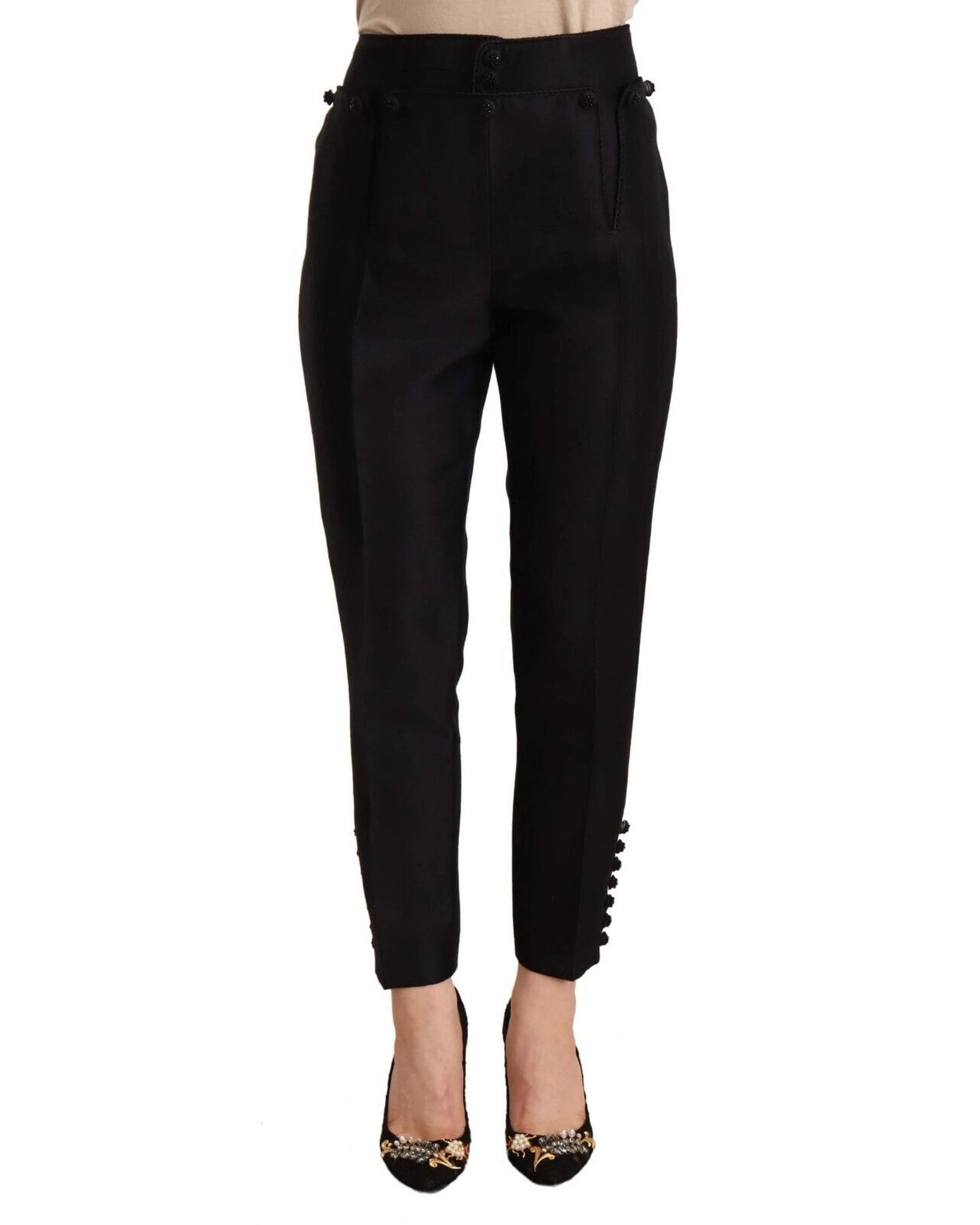 Dsquared² Black Button Embellished Cropped High Waist Pants