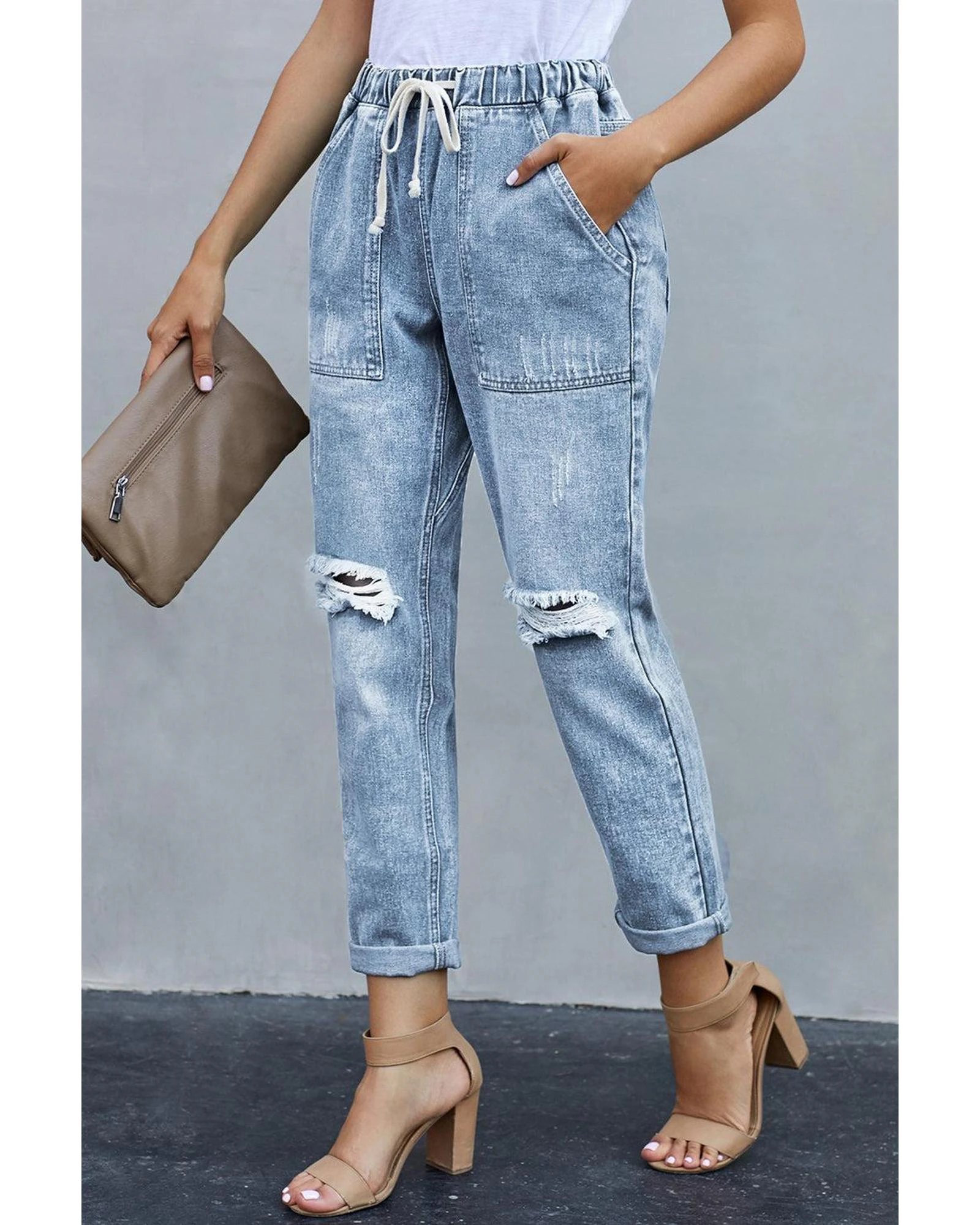 Azura Exchange Distressed Pocketed Denim Jogger - Sky Blue