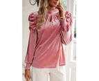 Azura Exchange Peach Blossom Fiery Mock Neck Puff Sleeve Velvet Blouse - Peach Blossom