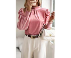 Azura Exchange Peach Blossom Fiery Mock Neck Puff Sleeve Velvet Blouse - Peach Blossom