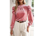 Azura Exchange Peach Blossom Fiery Mock Neck Puff Sleeve Velvet Blouse - Peach Blossom