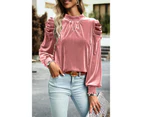 Azura Exchange Peach Blossom Fiery Mock Neck Puff Sleeve Velvet Blouse - Peach Blossom