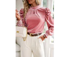 Azura Exchange Peach Blossom Fiery Mock Neck Puff Sleeve Velvet Blouse - Peach Blossom