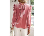 Azura Exchange Peach Blossom Fiery Mock Neck Puff Sleeve Velvet Blouse - Peach Blossom