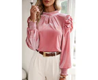 Azura Exchange Peach Blossom Fiery Mock Neck Puff Sleeve Velvet Blouse - Peach Blossom