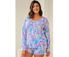 Azura Exchange Floral Print Long Sleeve and Shorts Lounge Outfit - Sky Blue