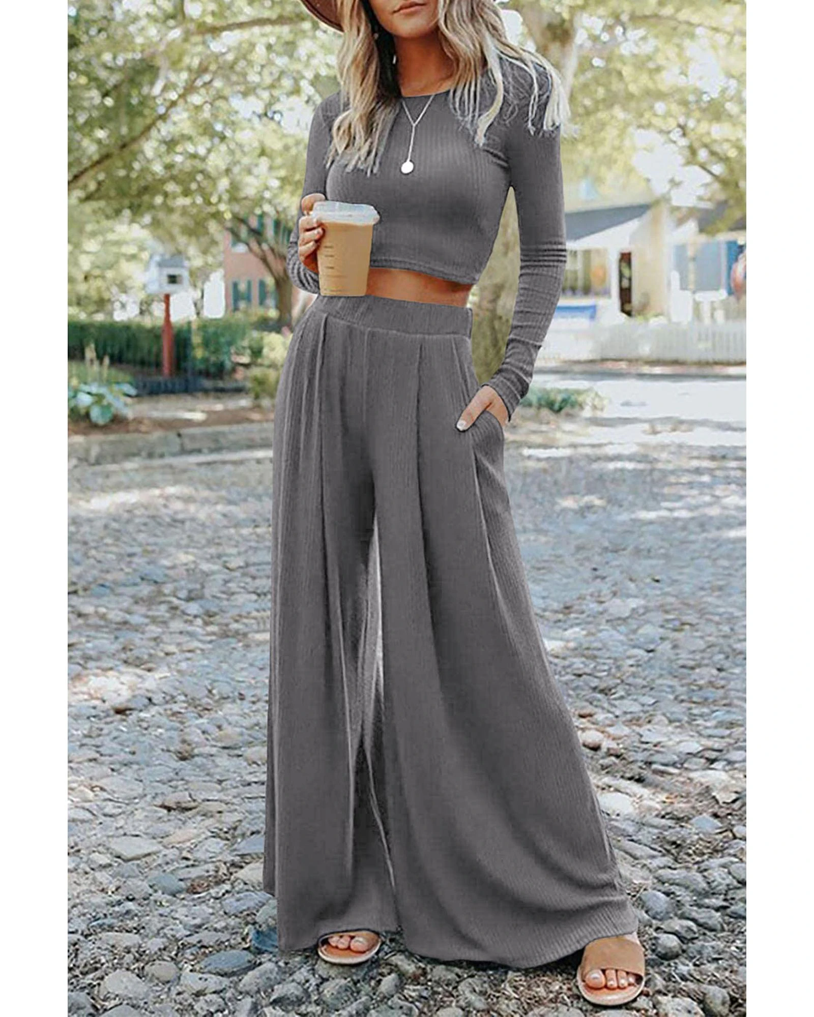 Azura Exchange Gray Ribbed Crop Top Long Pants Set - Gray