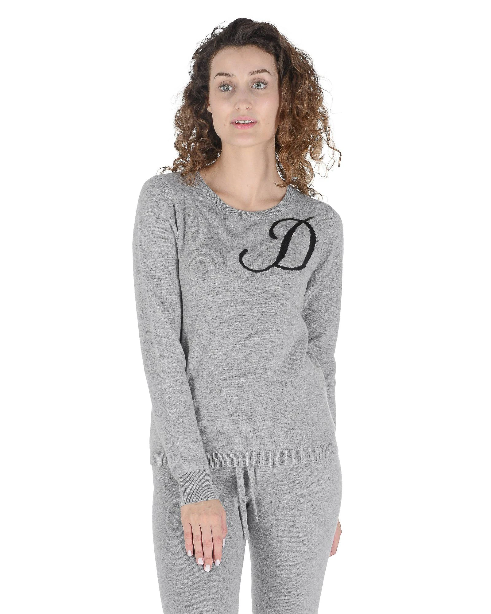 Contrasting Letter Cashmere Crew Neck Sweater - Grey