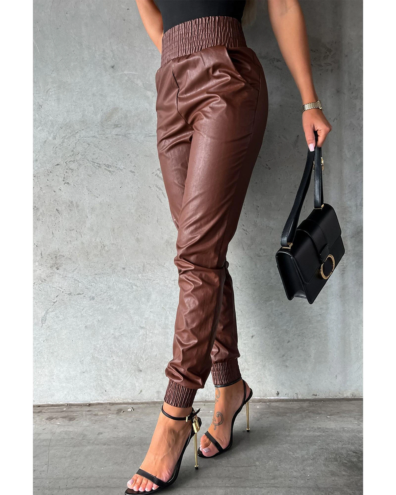 Azura Exchange Smocked High-Waist Leather Skinny Pants - Brown