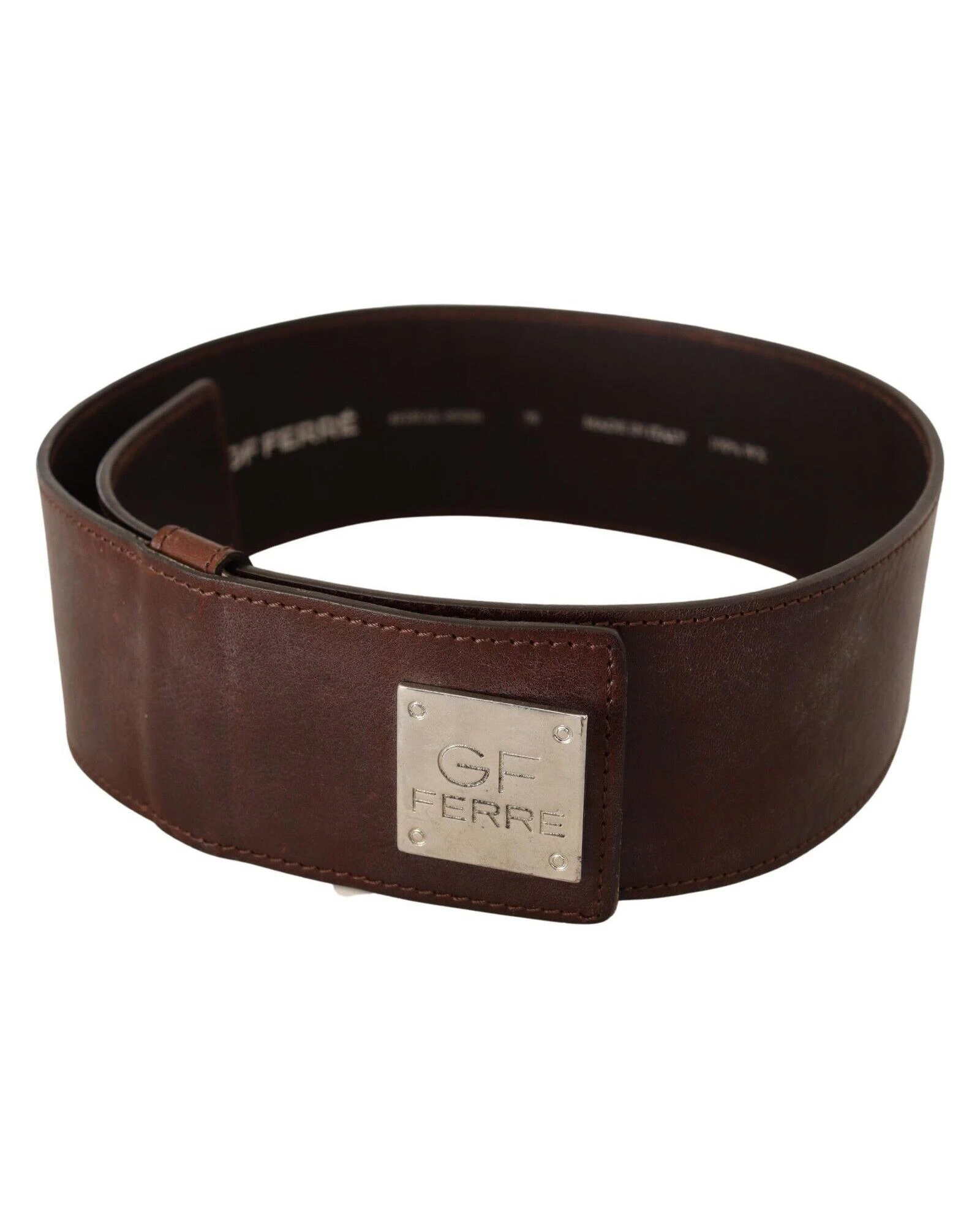 Brown Genuine Leather Wide Logo Buckle Waist Belt