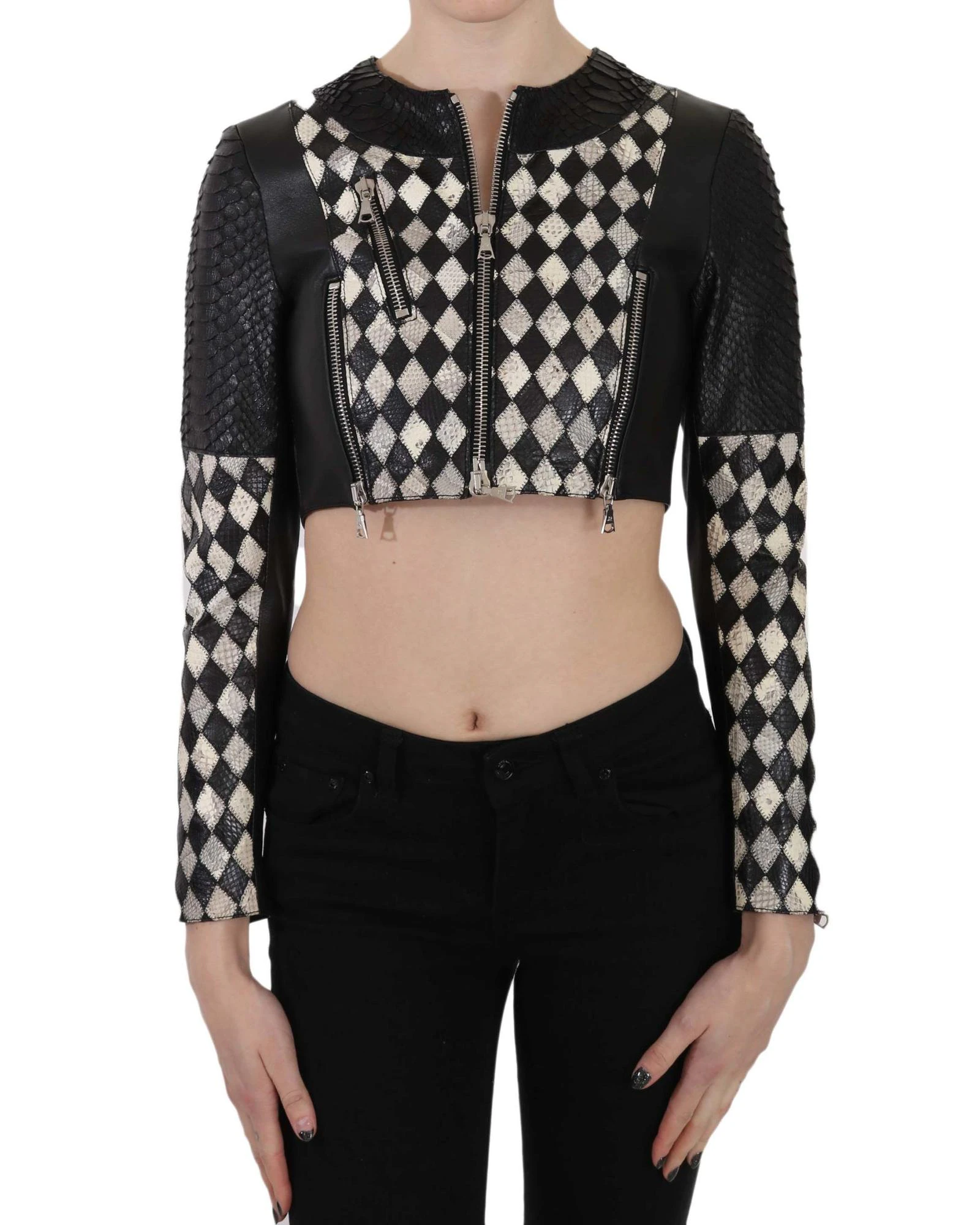 John Richmond Black White Leather Short Cropped Biker Jacket Coat