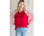 Azura Exchange Fiery Red Heart Striped Raglan Sleeve Henley Top - Fiery Red