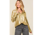 Azura Exchange Gold Metallic Luster Chest Pocket Shirt - Gold