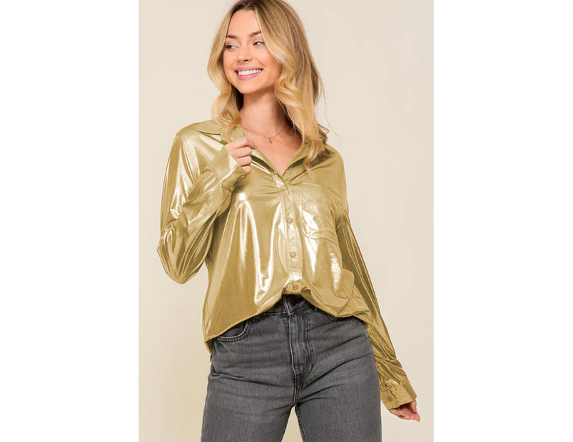 Azura Exchange Gold Metallic Luster Chest Pocket Shirt - Gold