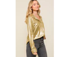 Azura Exchange Gold Metallic Luster Chest Pocket Shirt - Gold