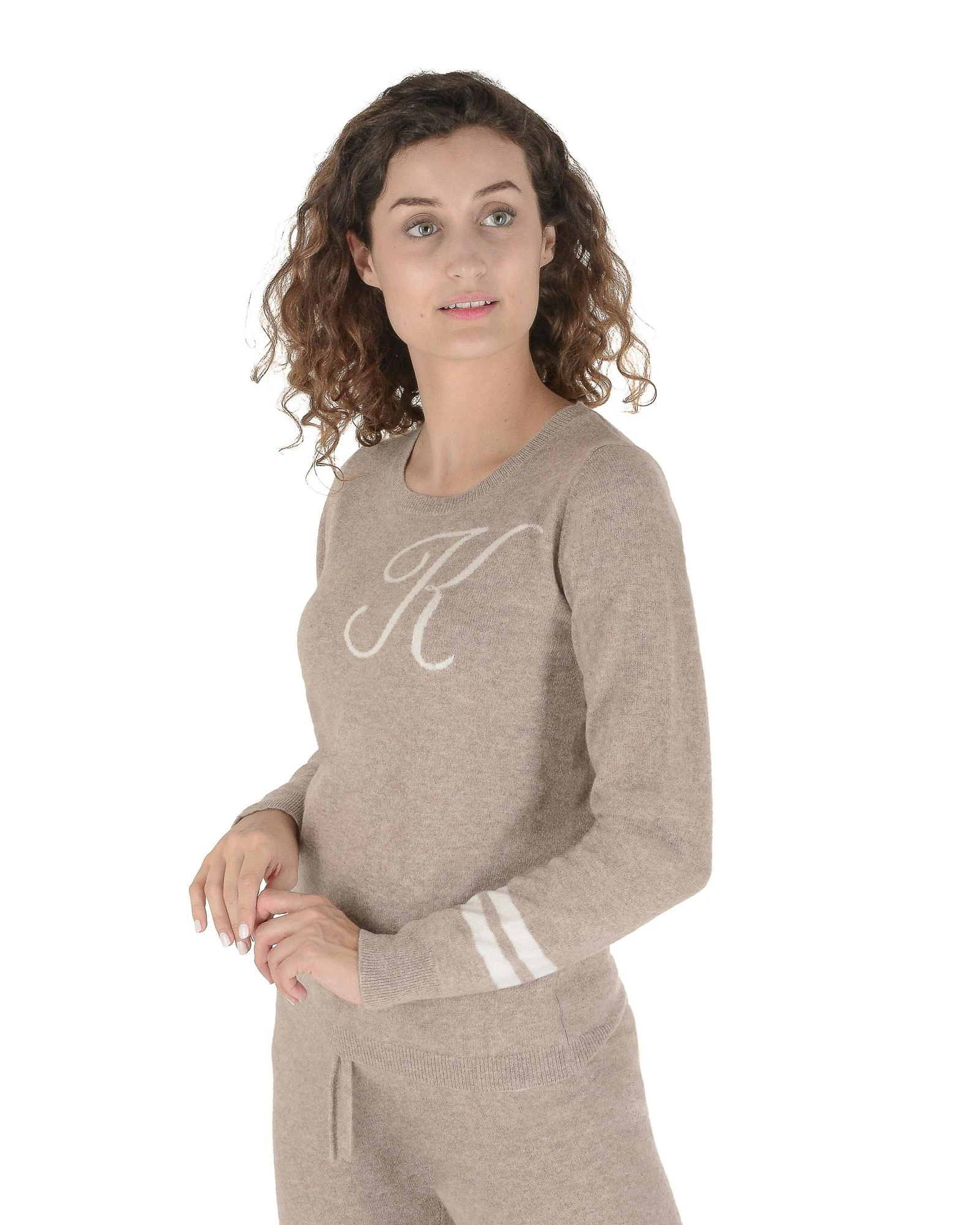 Contrast Letter Cashmere Crew Neck Sweater - Camel