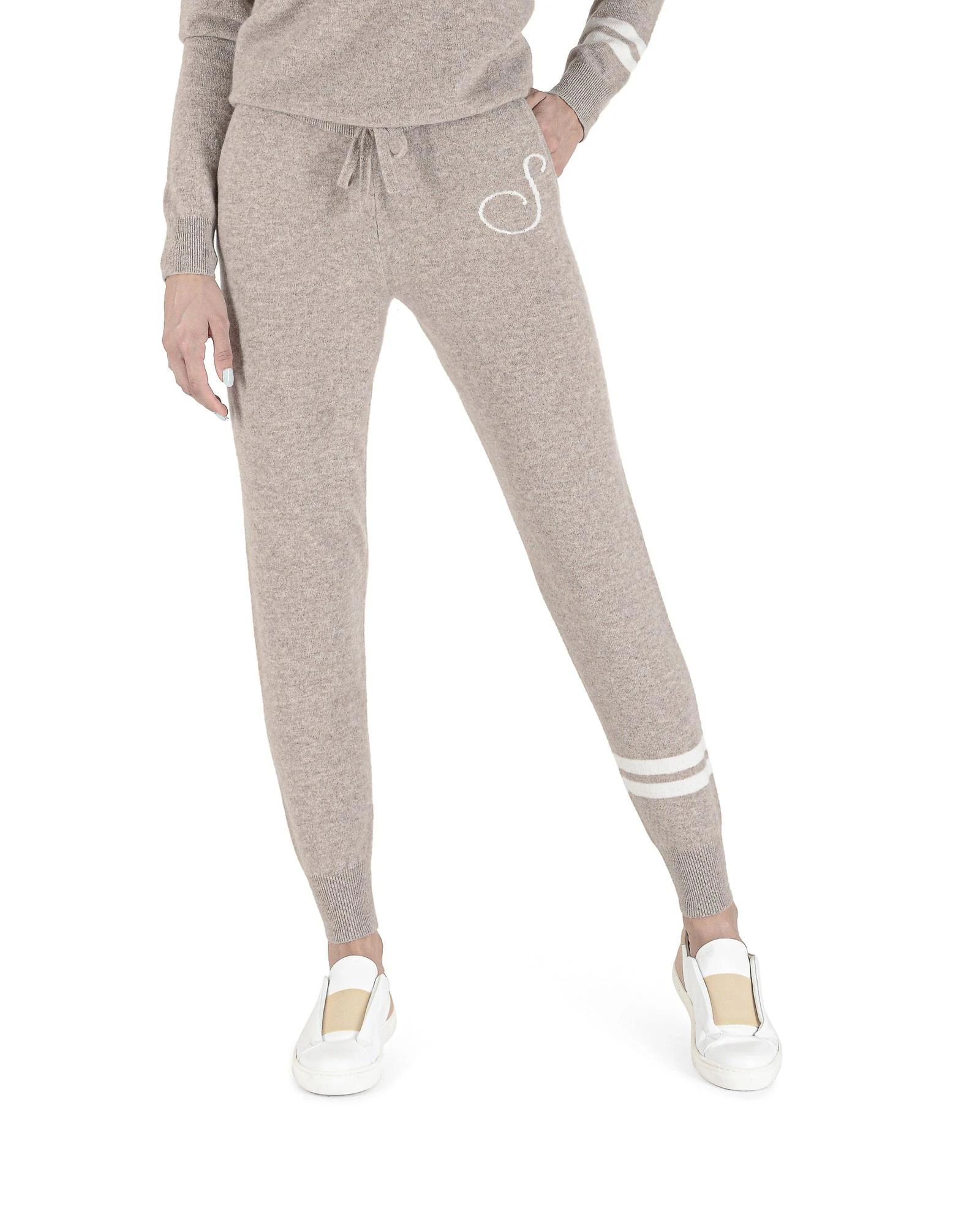 Premium Cashmere Knit Track Pants with Drawstring Waistband - Camel