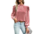 Azura Exchange Peach Blossom Fiery Mock Neck Puff Sleeve Velvet Blouse - Peach Blossom